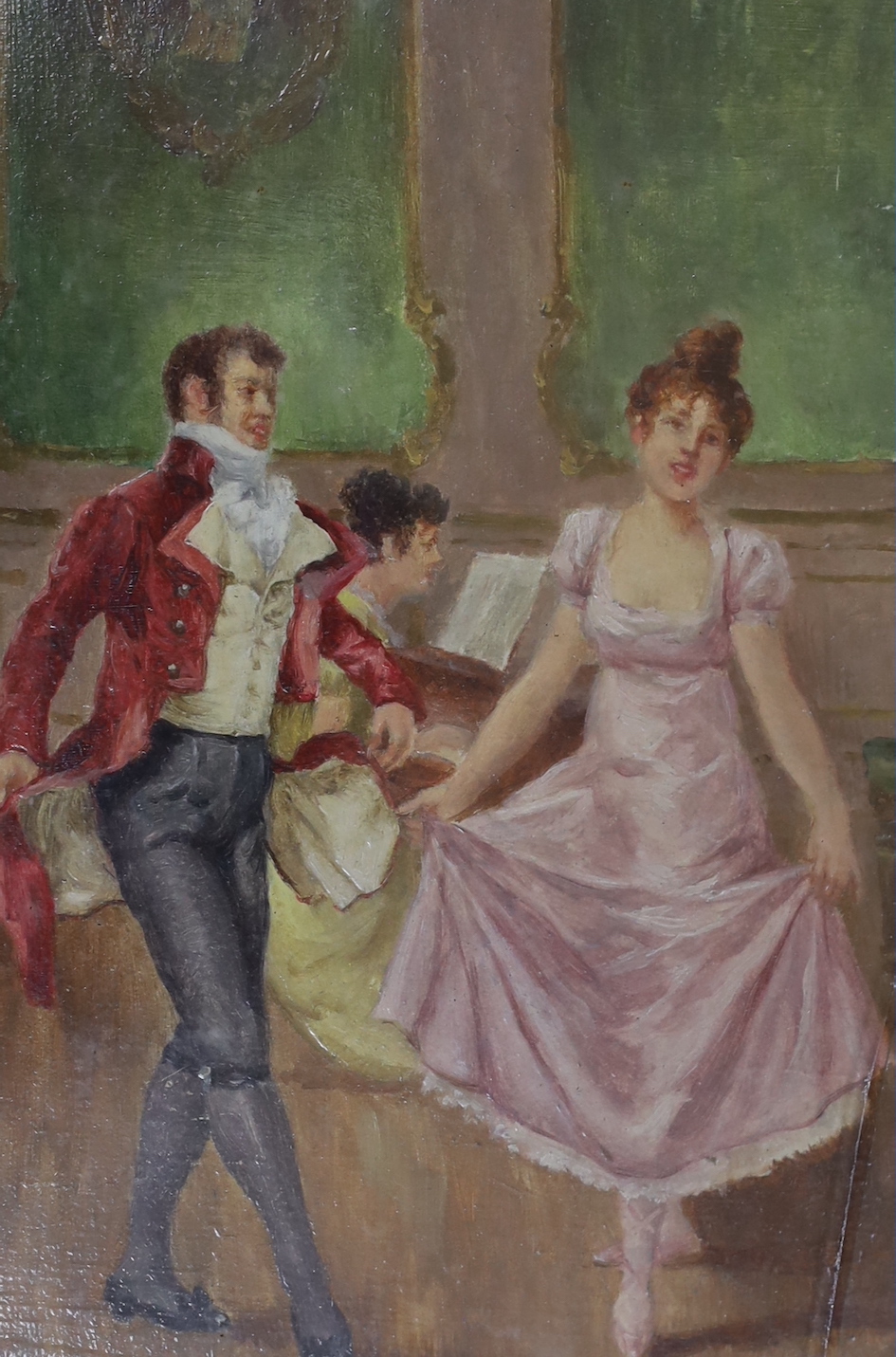 K. Baré, pair of oils on board, Figures dancing and Lady dis-robing, signed, possibly overpainted prints, 15 x 10cm